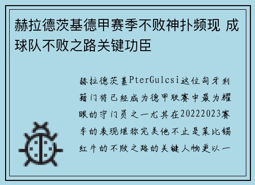 赫拉德茨基德甲赛季不败神扑频现 成球队不败之路关键功臣 赫拉德茨基德甲赛季不败神扑频现 成球队不败之路关键功臣
